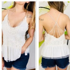 Kimchi Blue XS criss cross tank lace v-neck layered, coastal boho FLAW (bin Q)